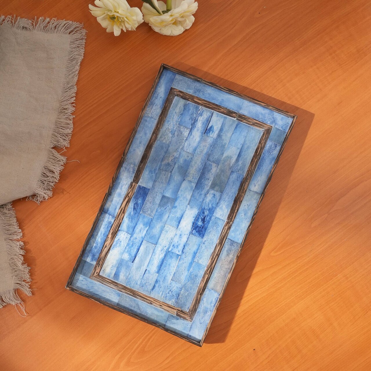 Decorative Tray | Bone Dyed & Wood Blue Tray | 12x7.25x0.75" | Elegant Serving Tray